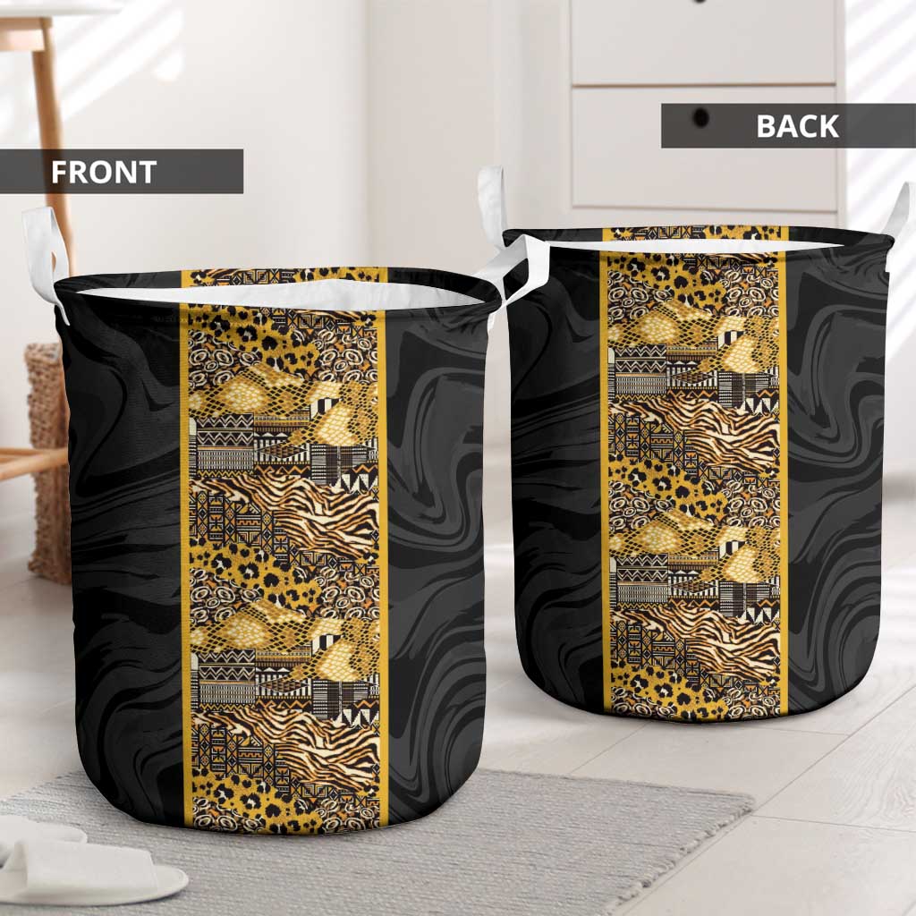 African Tribal Heritage Laundry Basket Black Gold Pattern