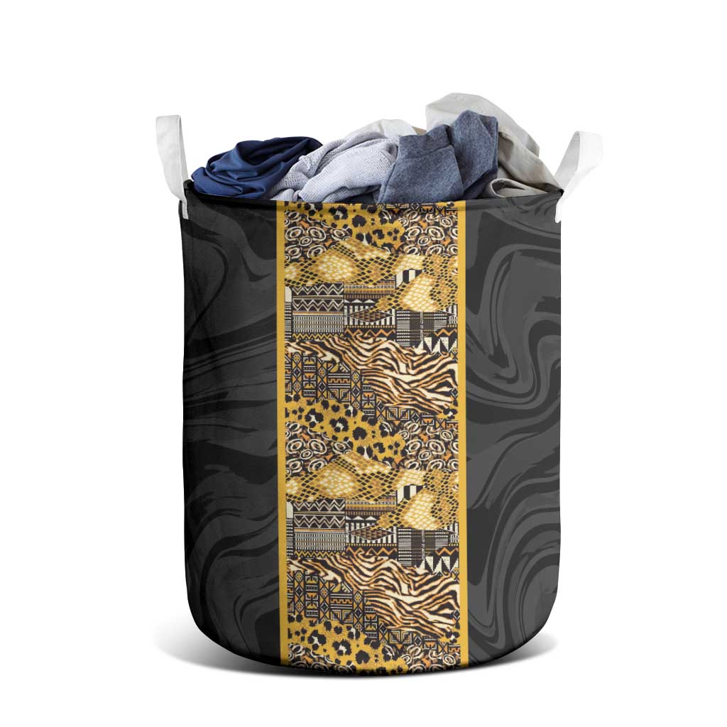 African Tribal Heritage Laundry Basket Black Gold Pattern