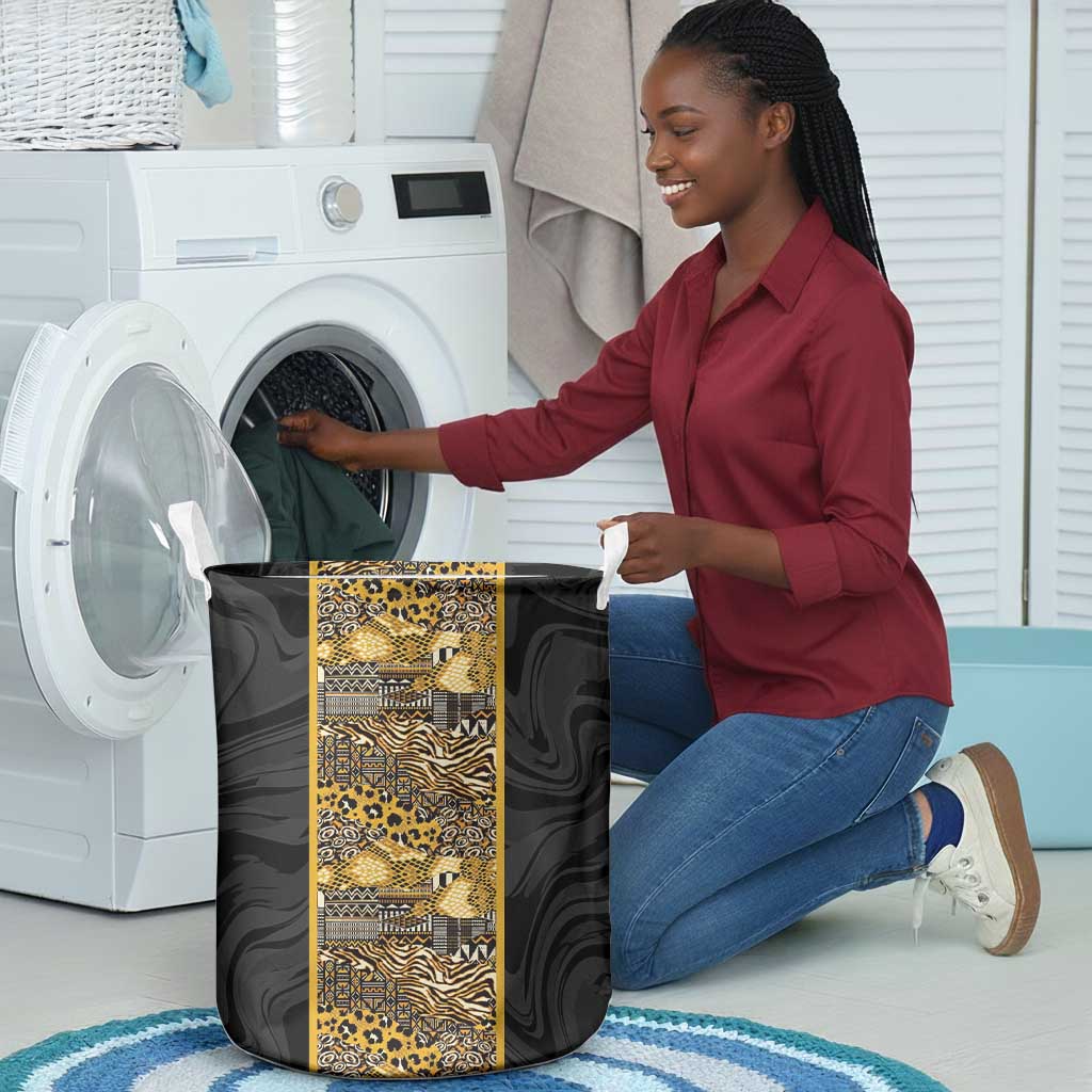 African Tribal Heritage Laundry Basket Black Gold Pattern