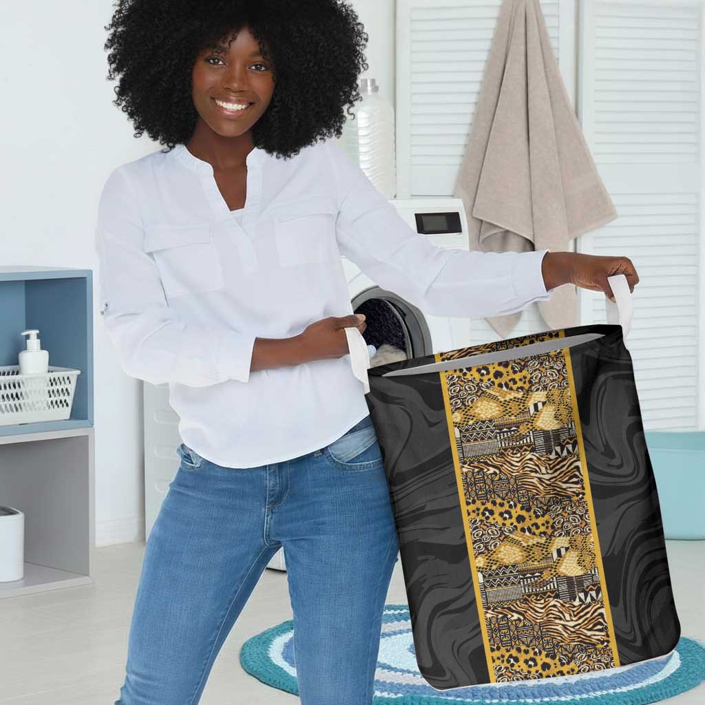 African Tribal Heritage Laundry Basket Black Gold Pattern