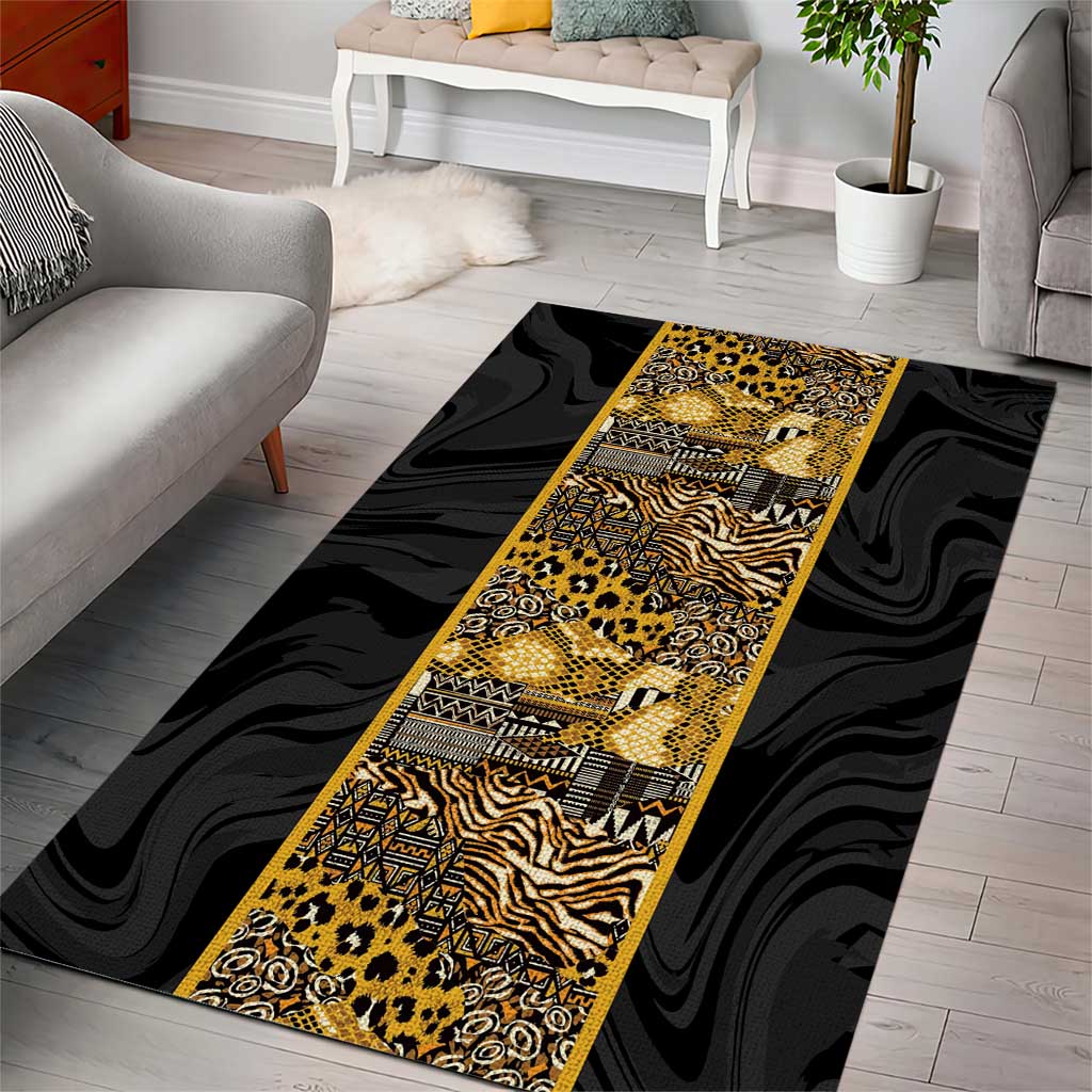 African Tribal Heritage Area Rug Black Gold Pattern