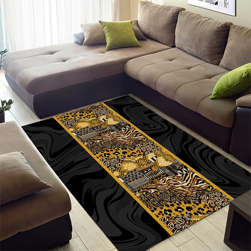 African Tribal Heritage Area Rug Black Gold Pattern