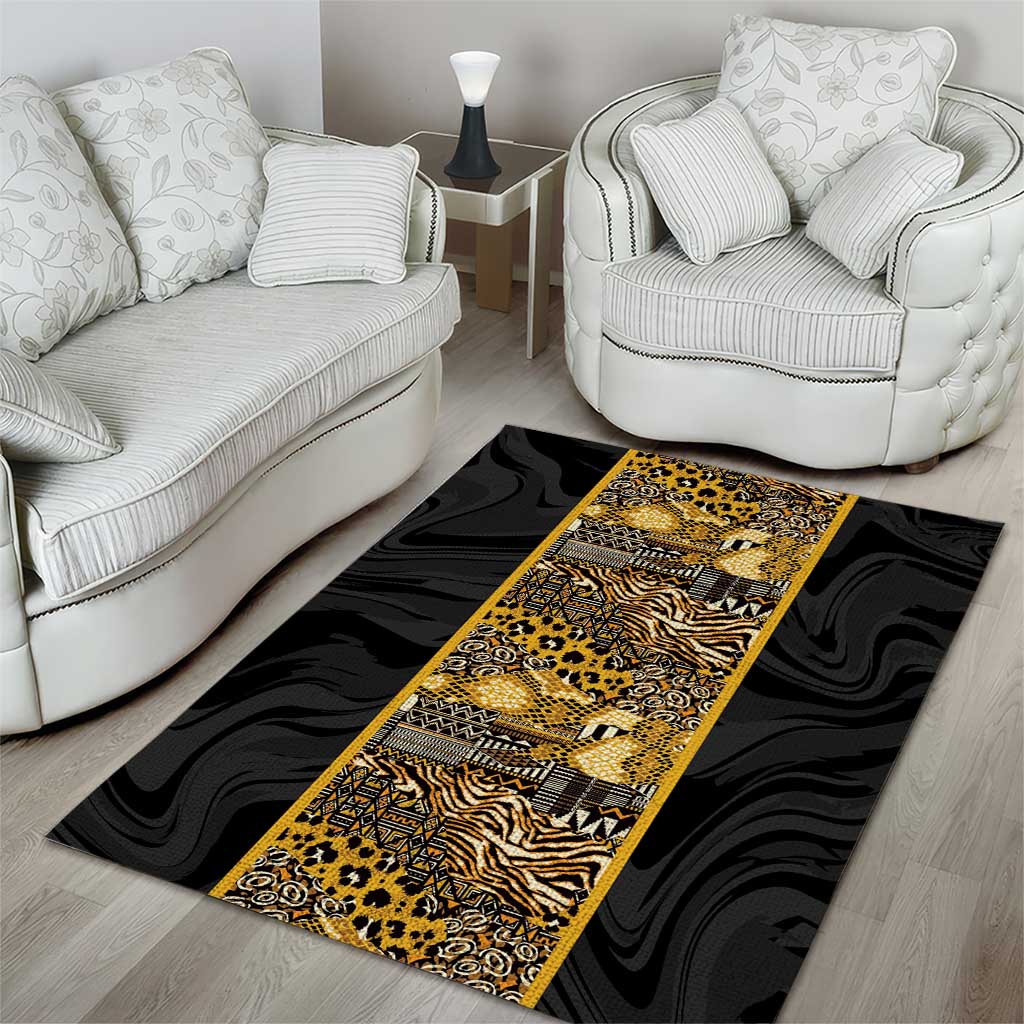 African Tribal Heritage Area Rug Black Gold Pattern