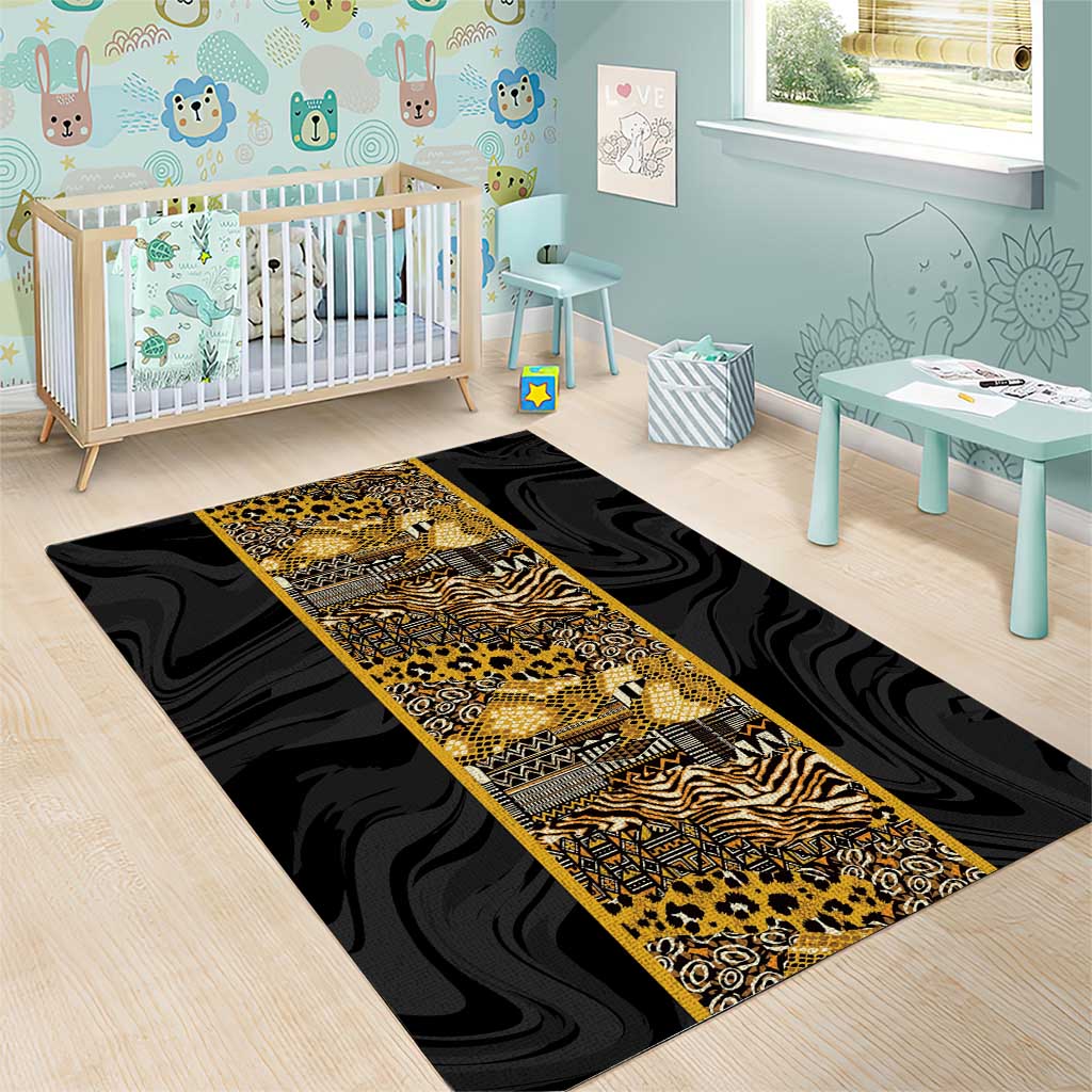African Tribal Heritage Area Rug Black Gold Pattern