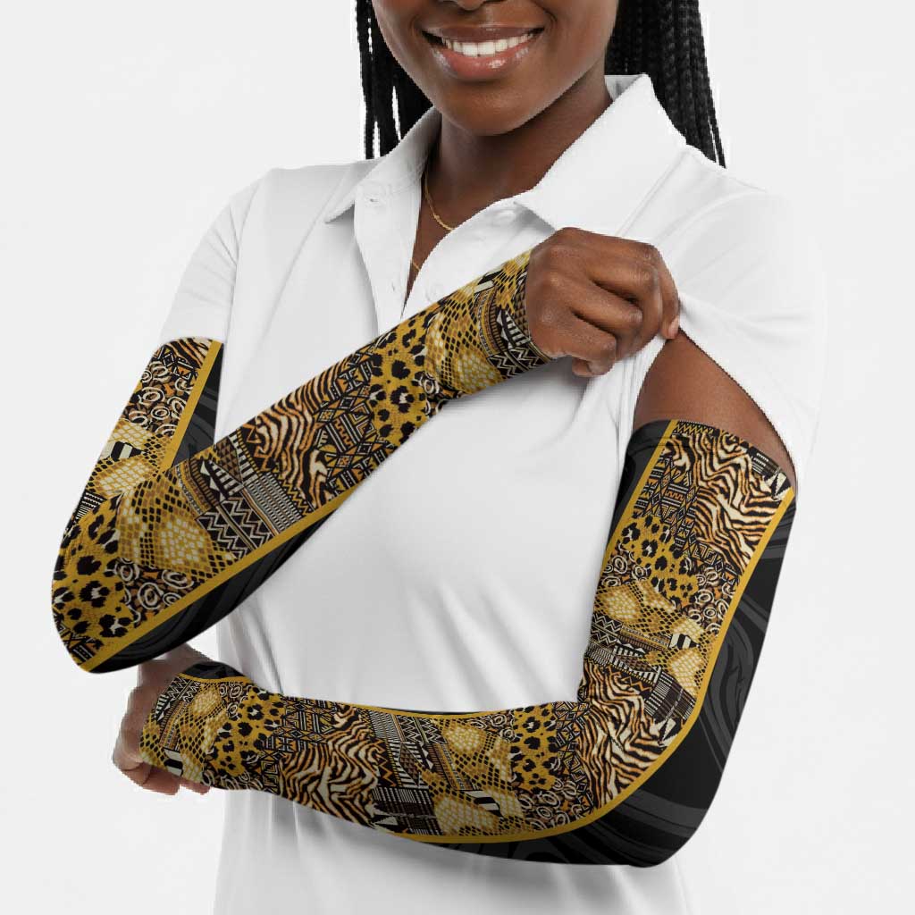 African Tribal Heritage Arm Sleeves Black Gold Pattern