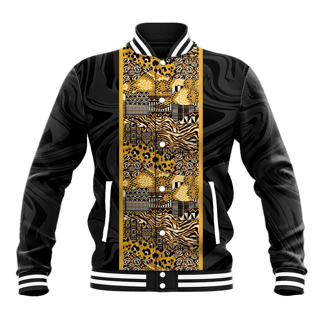 African Tribal Heritage Baseball Jacket Black Gold Pattern