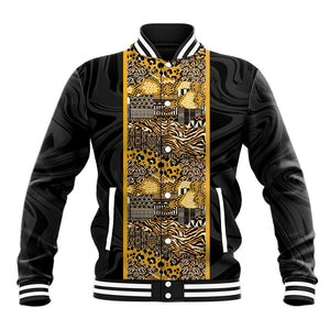 African Tribal Heritage Baseball Jacket Black Gold Pattern