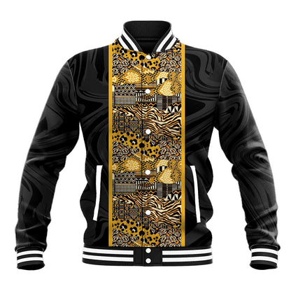 African Tribal Heritage Baseball Jacket Black Gold Pattern