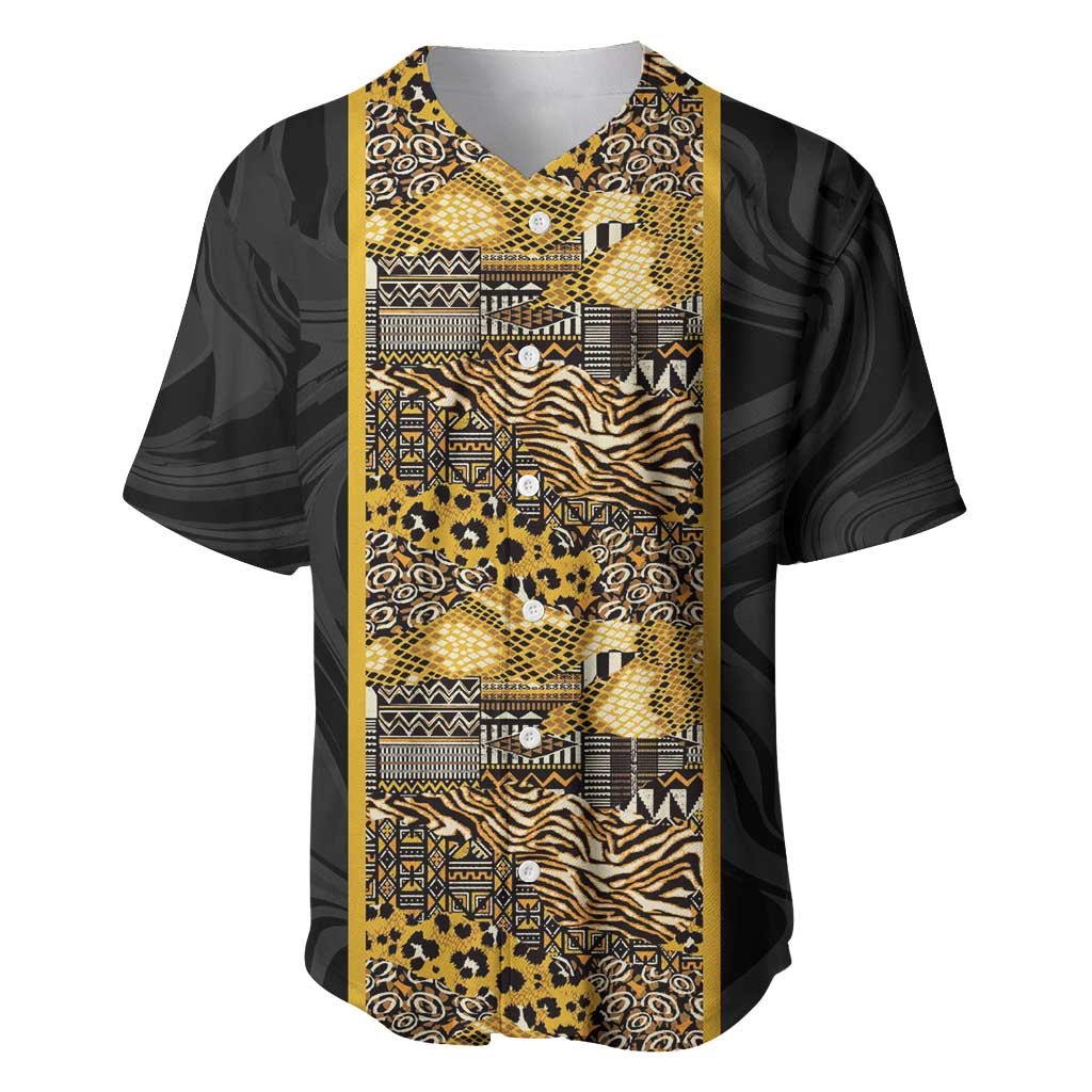 African Tribal Heritage Baseball Jersey Black Gold Pattern