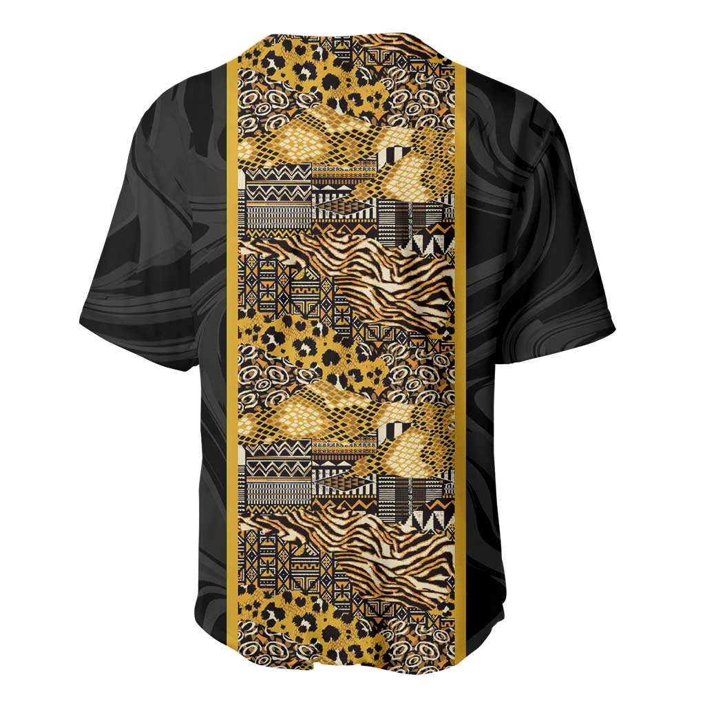 African Tribal Heritage Baseball Jersey Black Gold Pattern