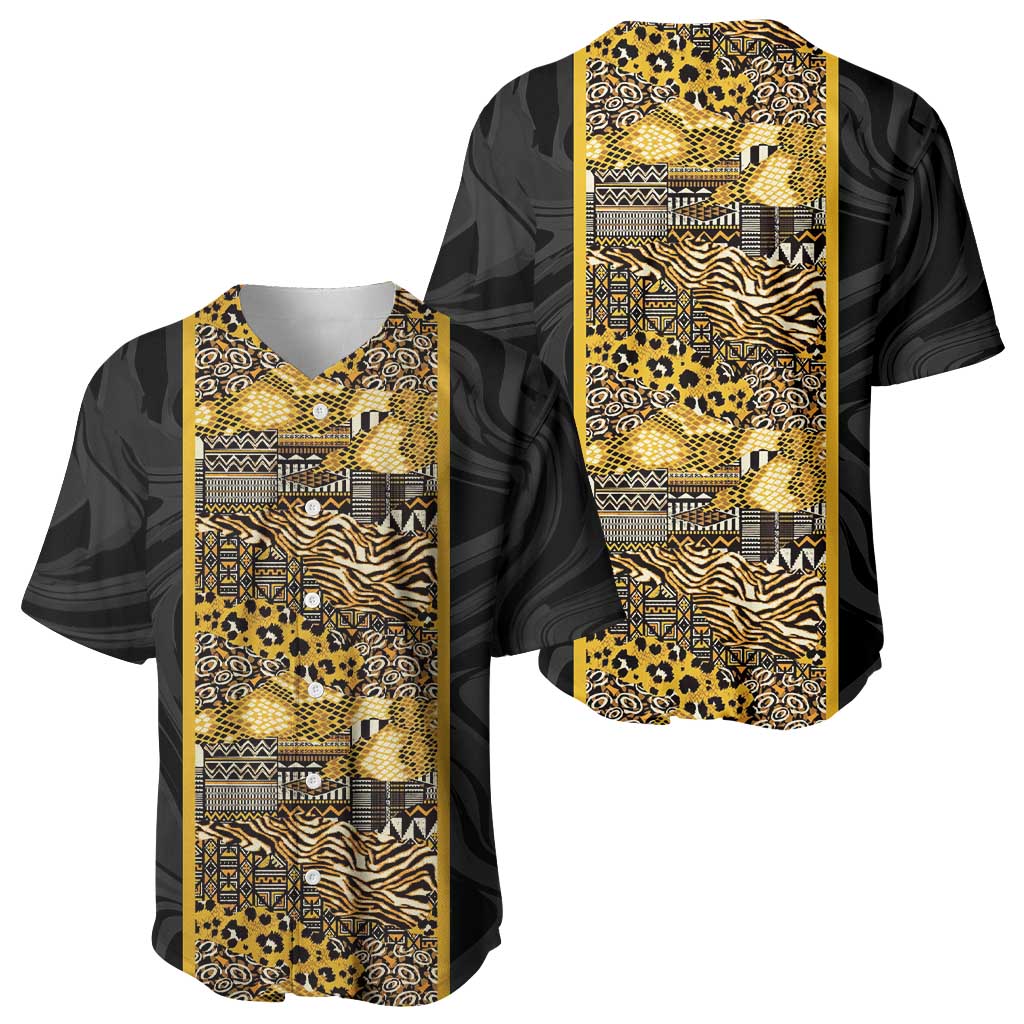 African Tribal Heritage Baseball Jersey Black Gold Pattern
