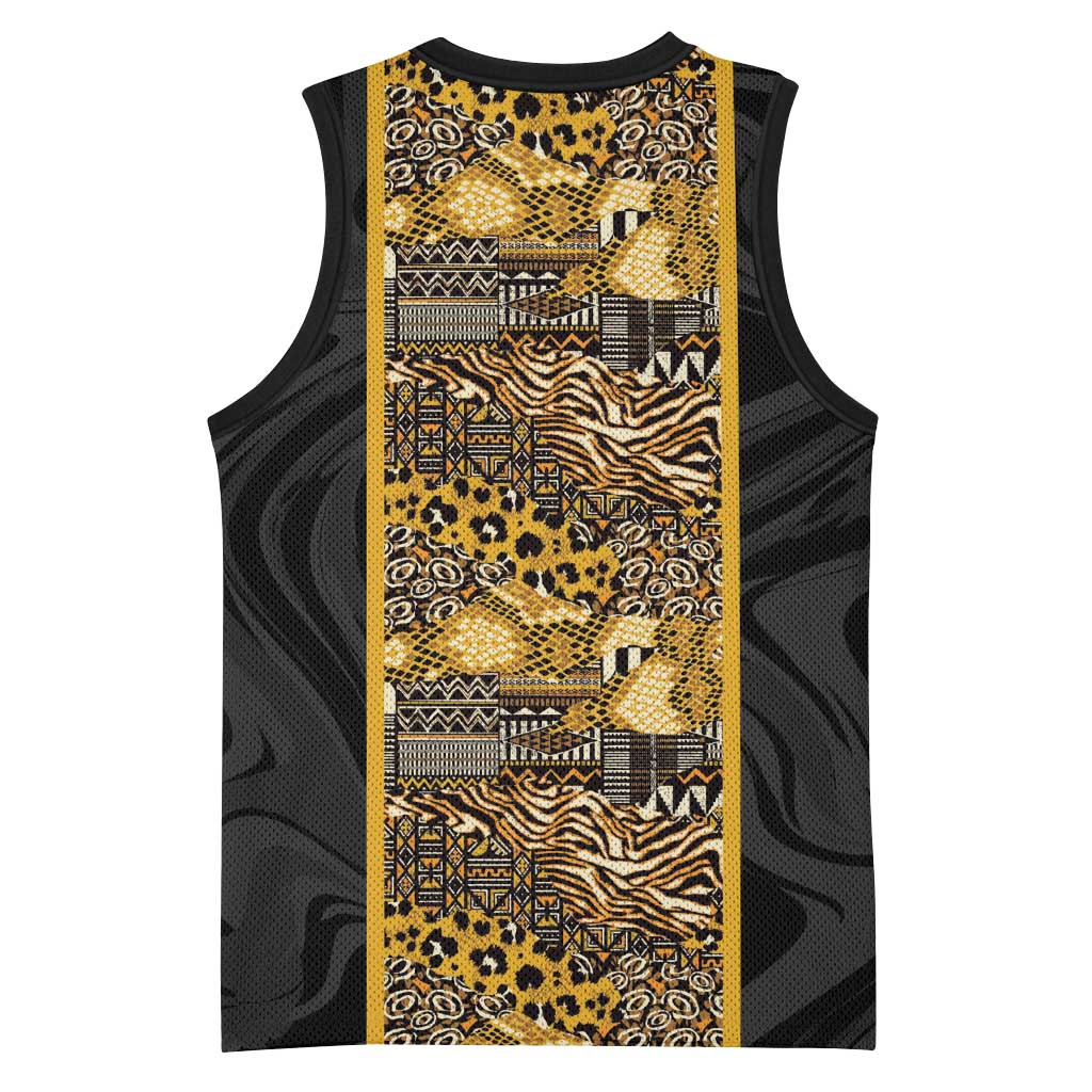 African Tribal Heritage Basketball Jersey Black Gold Pattern