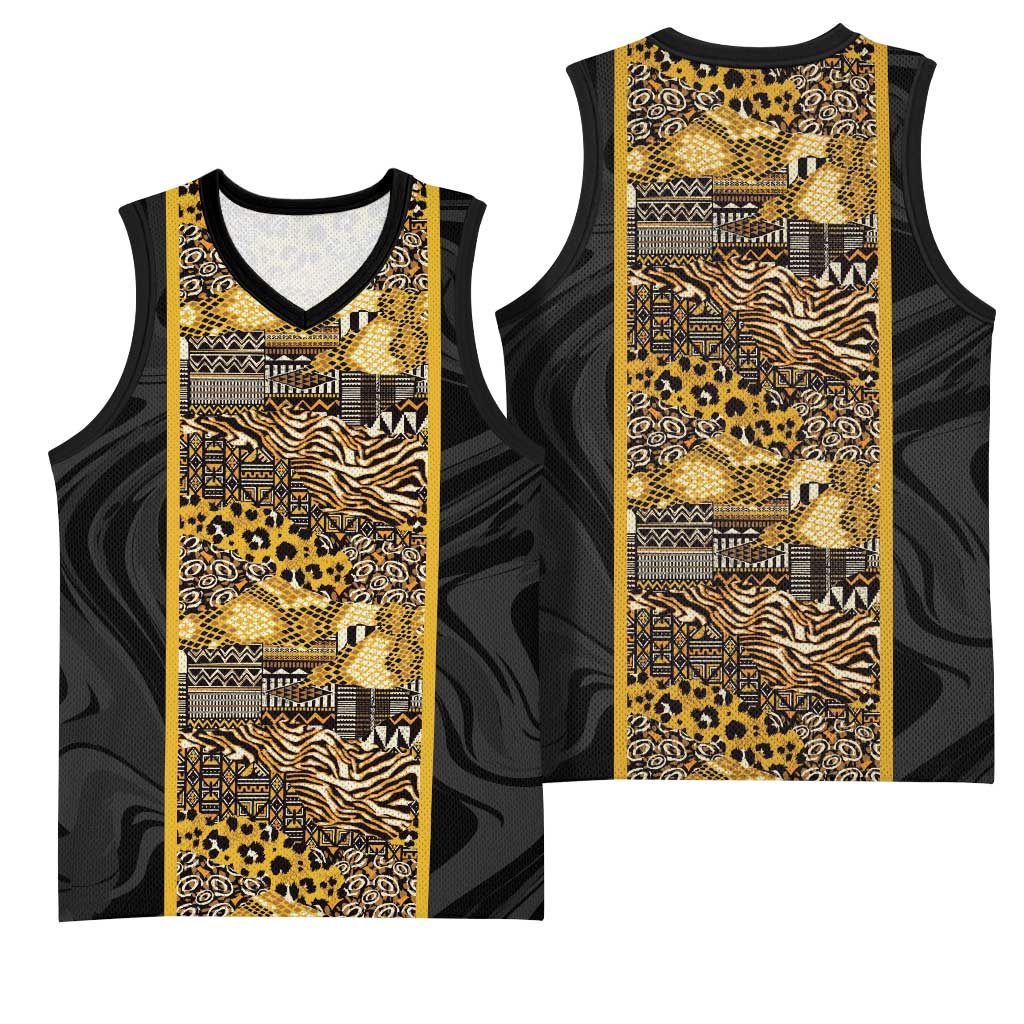 African Tribal Heritage Basketball Jersey Black Gold Pattern