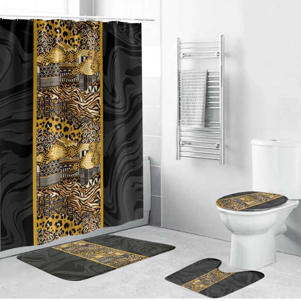 African Tribal Heritage Bathroom Set Black Gold Pattern