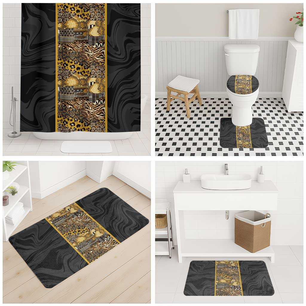 African Tribal Heritage Bathroom Set Black Gold Pattern