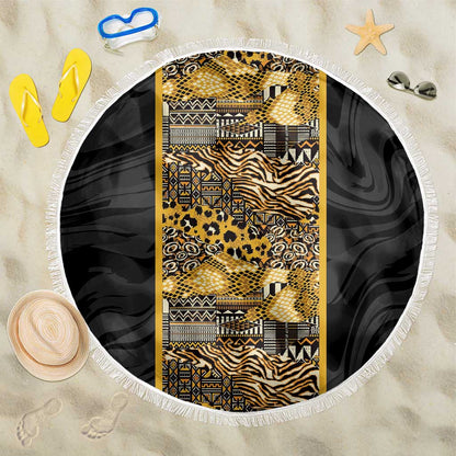 African Tribal Heritage Beach Blanket Black Gold Pattern