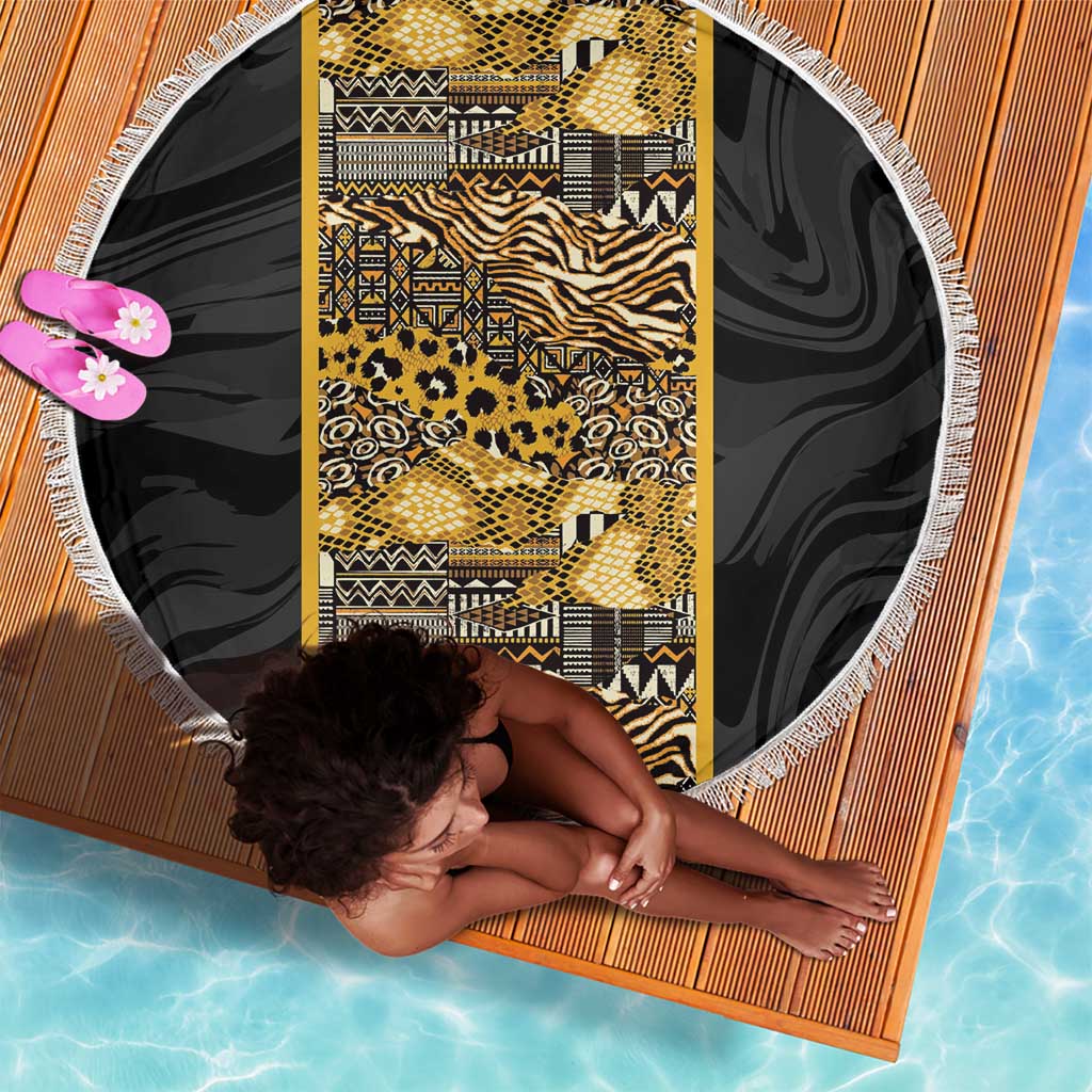 African Tribal Heritage Beach Blanket Black Gold Pattern