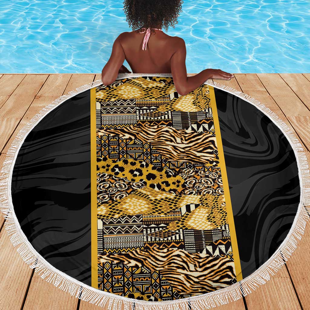 African Tribal Heritage Beach Blanket Black Gold Pattern