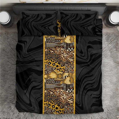 African Tribal Heritage Bedding Set Black Gold Pattern