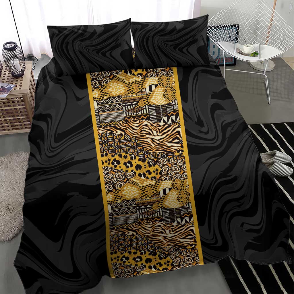 African Tribal Heritage Bedding Set Black Gold Pattern