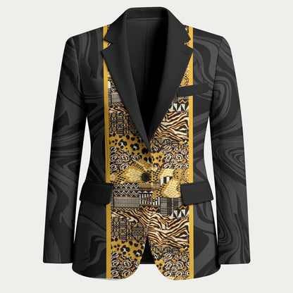 African Tribal Heritage Blazer Black Gold Pattern