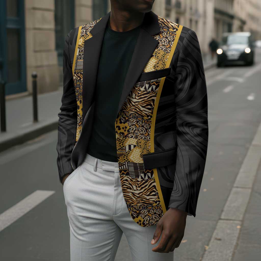 African Tribal Heritage Blazer Black Gold Pattern