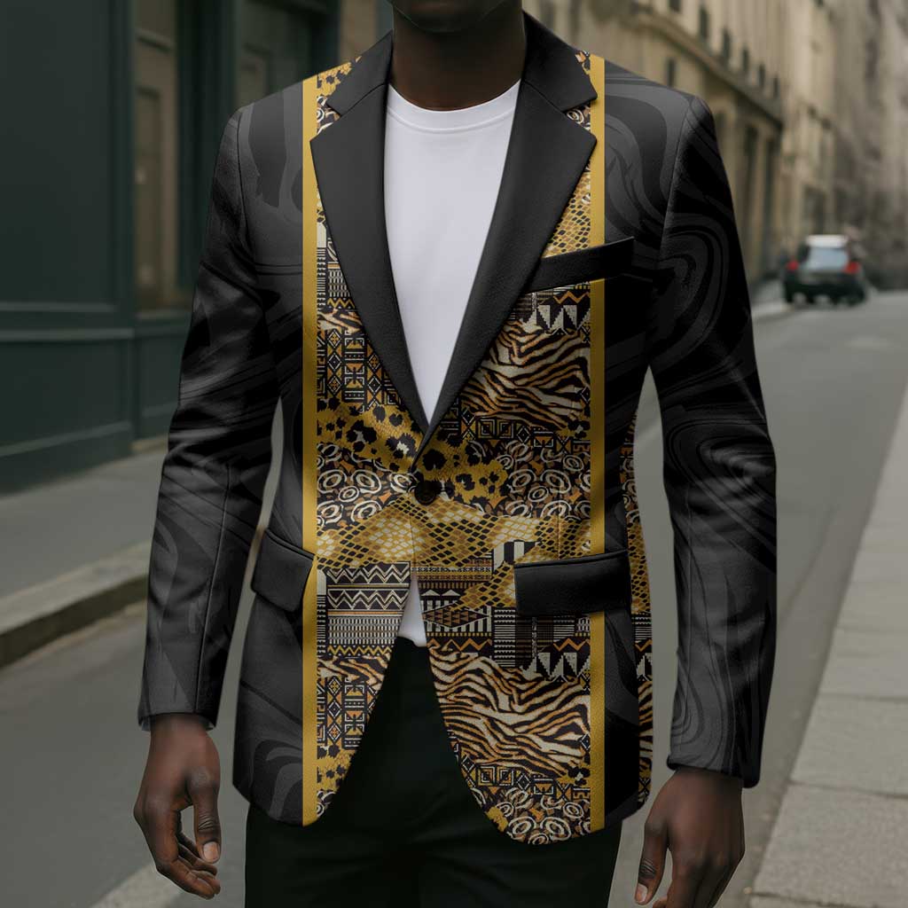 African Tribal Heritage Blazer Black Gold Pattern
