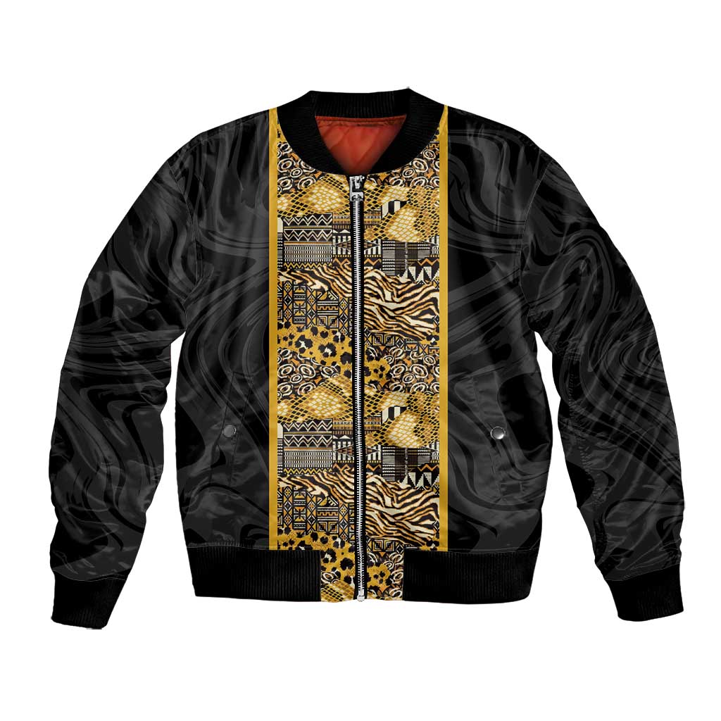 African Tribal Heritage Bomber Jacket Black Gold Pattern