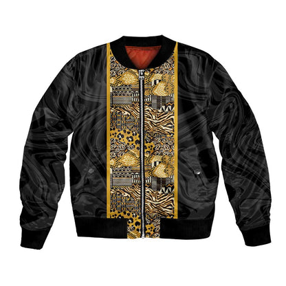 African Tribal Heritage Bomber Jacket Black Gold Pattern