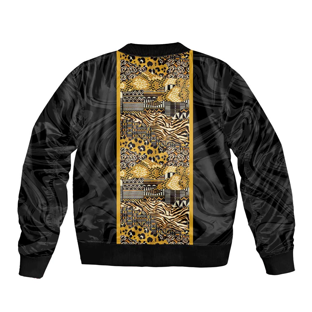 African Tribal Heritage Bomber Jacket Black Gold Pattern