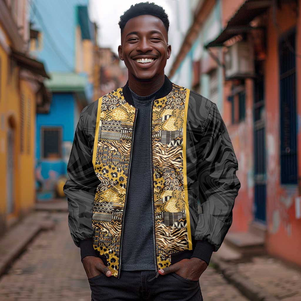 African Tribal Heritage Bomber Jacket Black Gold Pattern