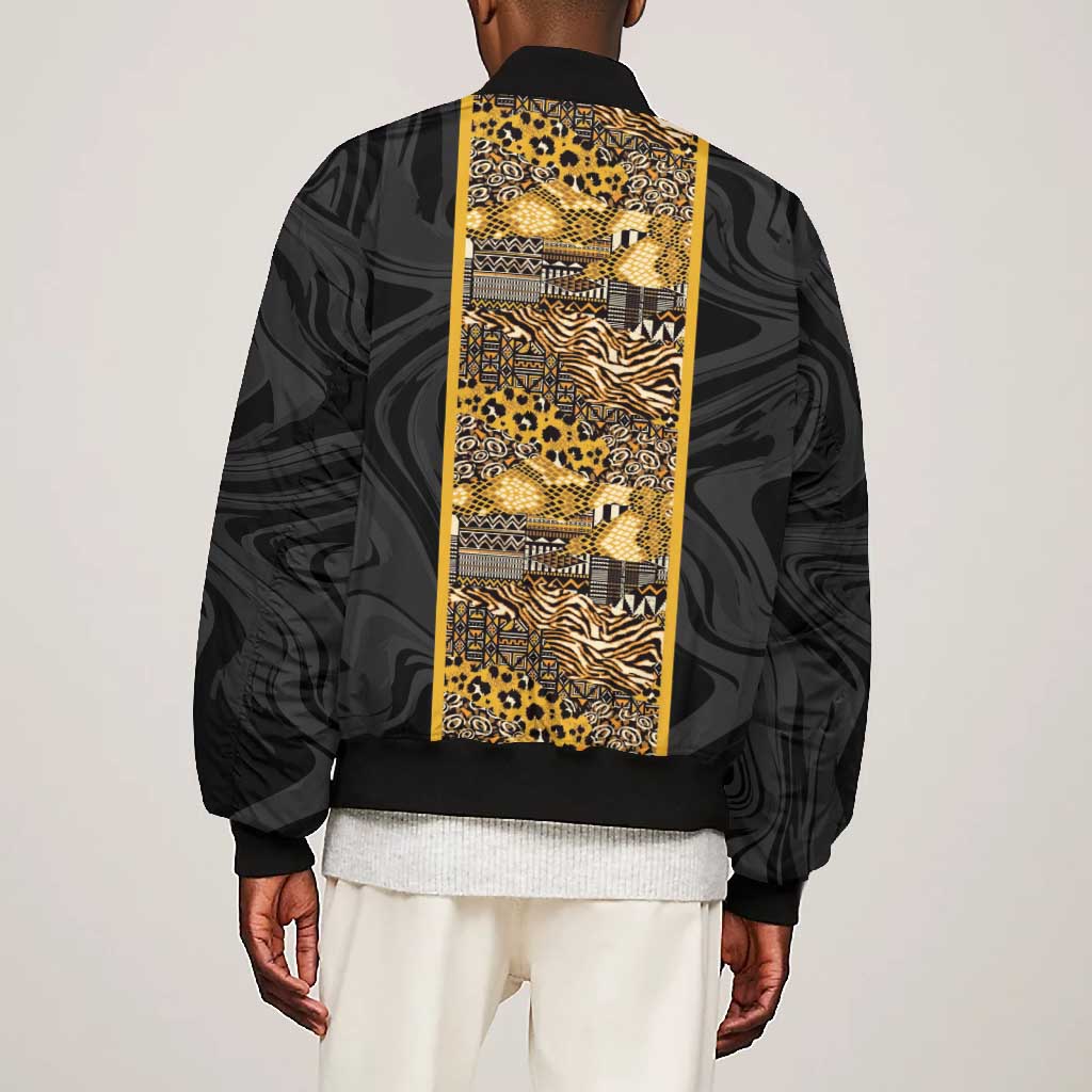 African Tribal Heritage Bomber Jacket Black Gold Pattern