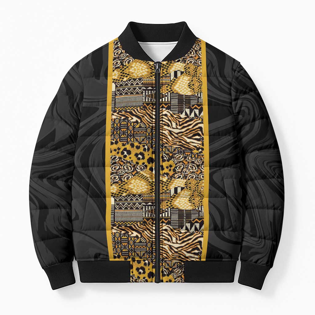 African Tribal Heritage Bomber Puffer Jacket Black Gold Pattern