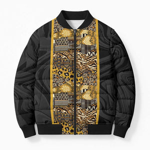 African Tribal Heritage Bomber Puffer Jacket Black Gold Pattern