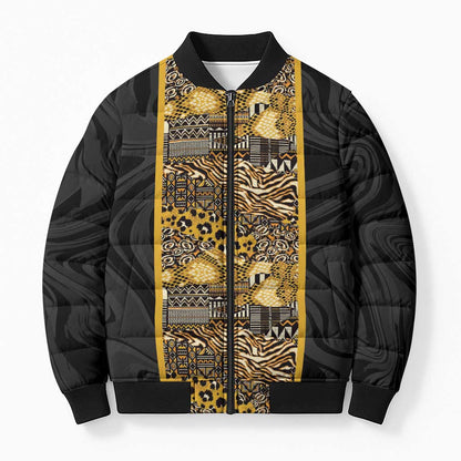 African Tribal Heritage Bomber Puffer Jacket Black Gold Pattern