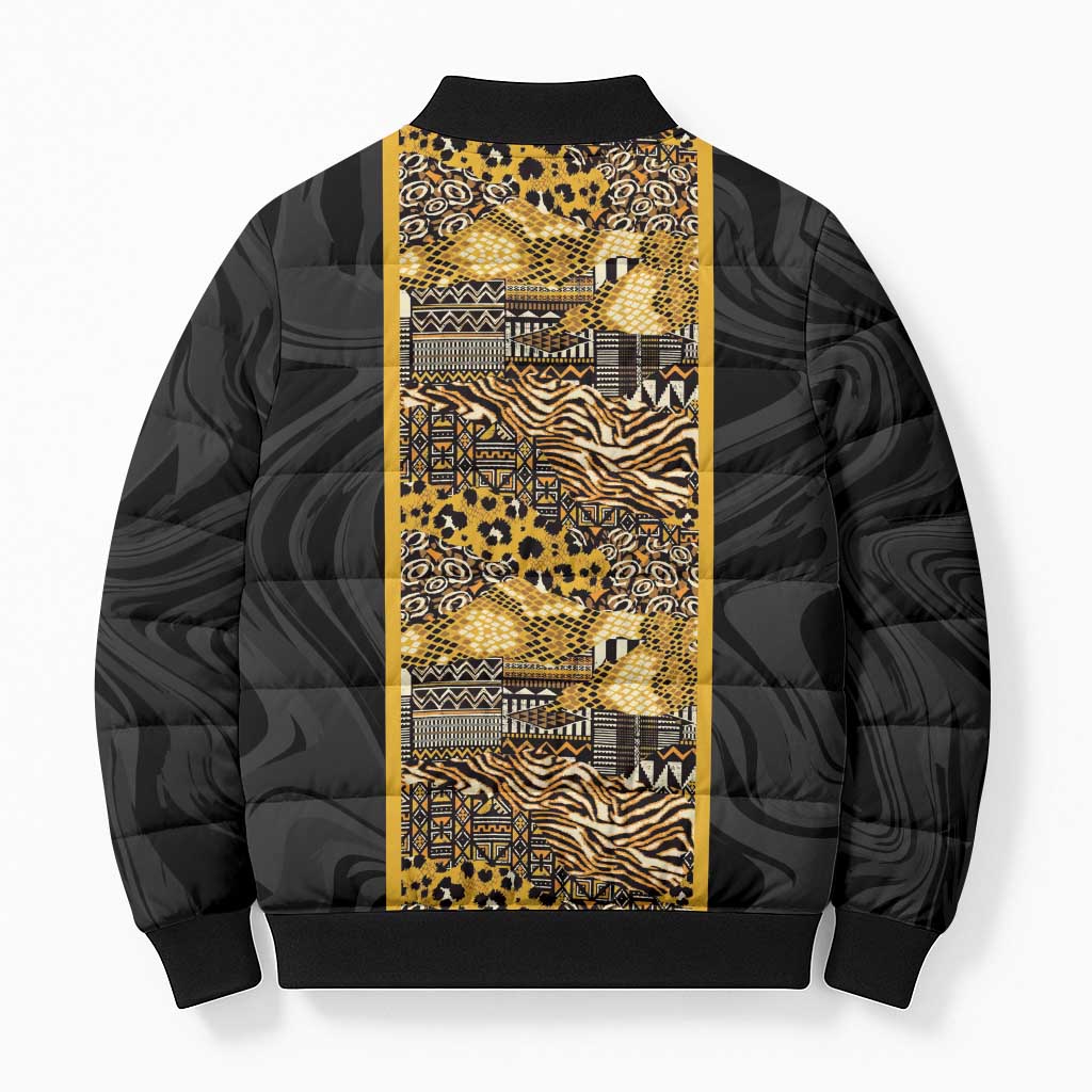 African Tribal Heritage Bomber Puffer Jacket Black Gold Pattern