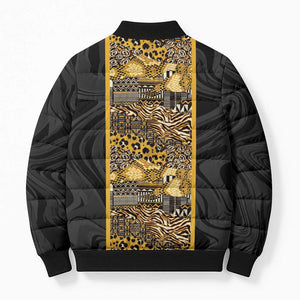 African Tribal Heritage Bomber Puffer Jacket Black Gold Pattern