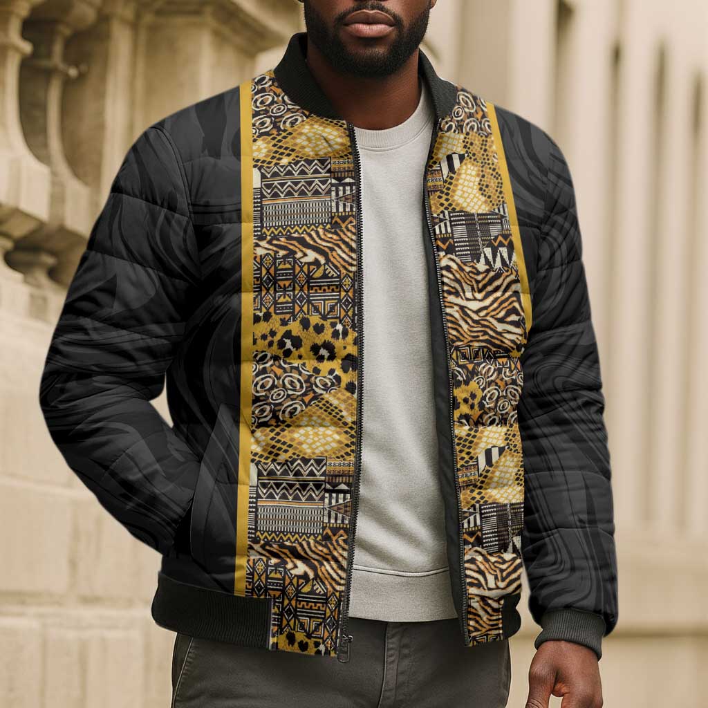 African Tribal Heritage Bomber Puffer Jacket Black Gold Pattern