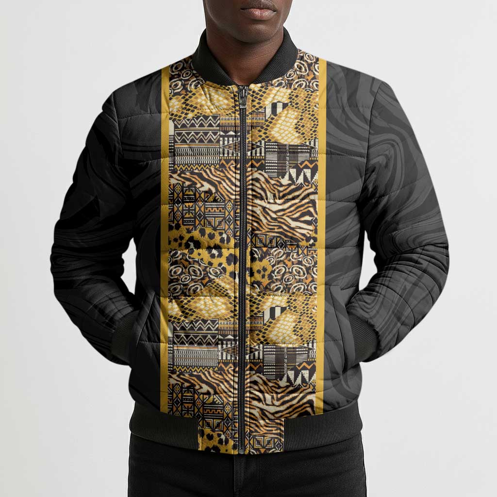African Tribal Heritage Bomber Puffer Jacket Black Gold Pattern