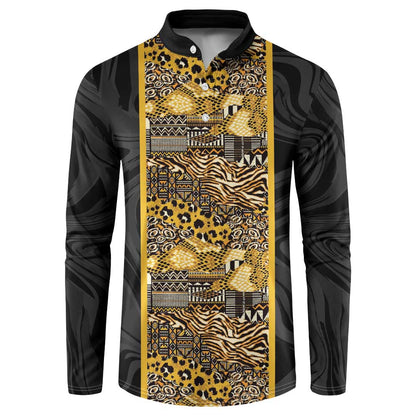 African Tribal Heritage Button Sweatshirt Black Gold Pattern