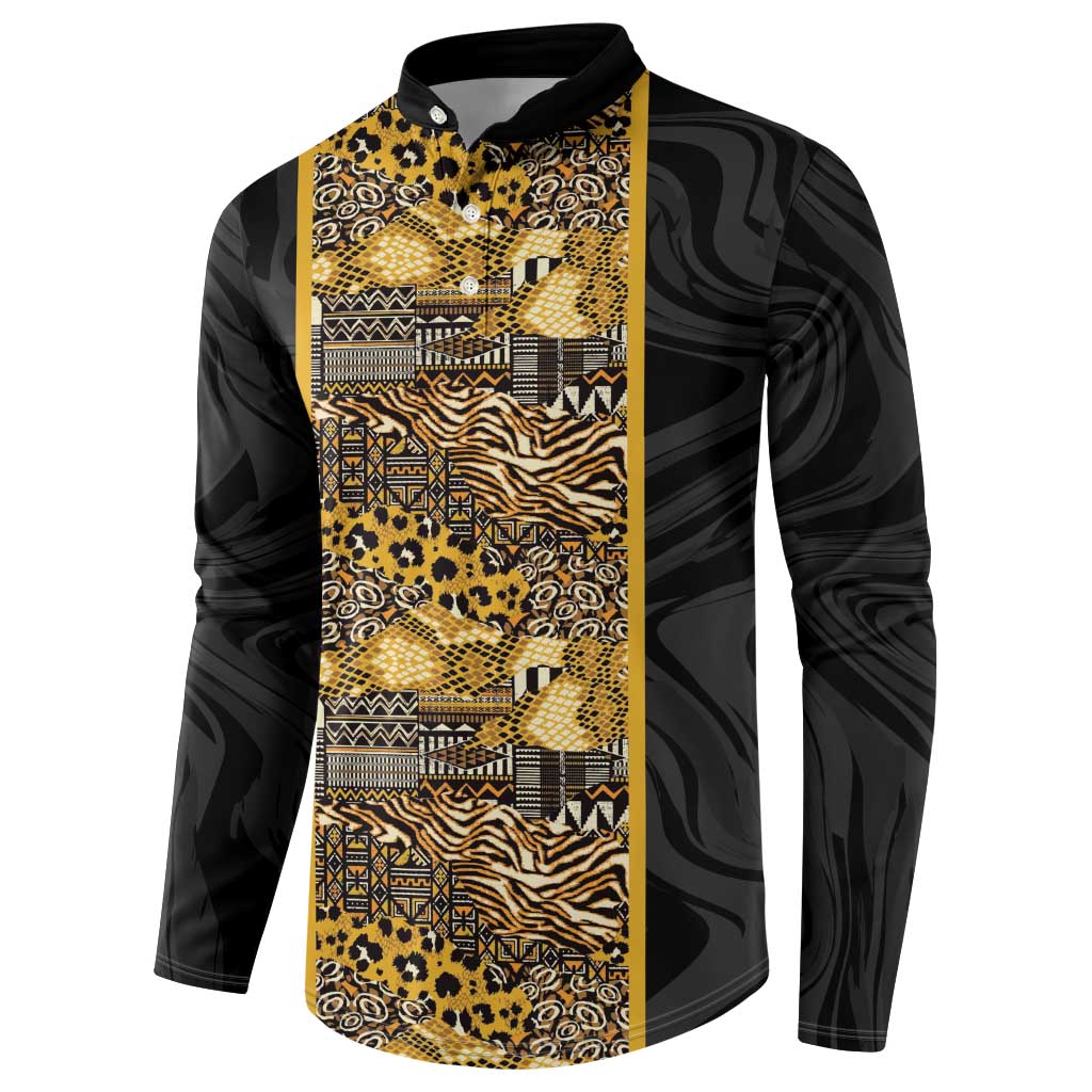 African Tribal Heritage Button Sweatshirt Black Gold Pattern