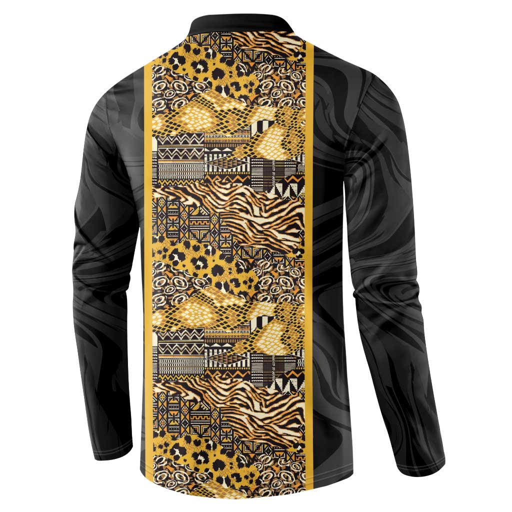 African Tribal Heritage Button Sweatshirt Black Gold Pattern
