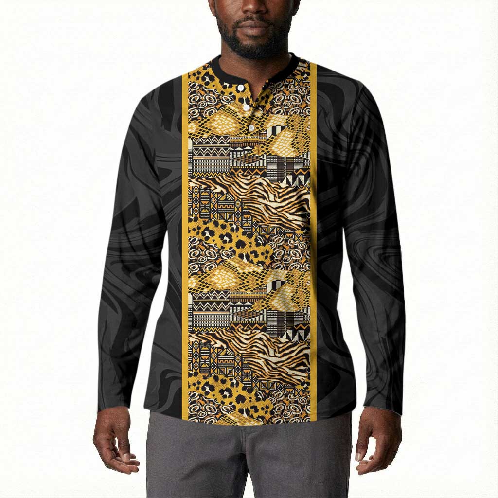 African Tribal Heritage Button Sweatshirt Black Gold Pattern