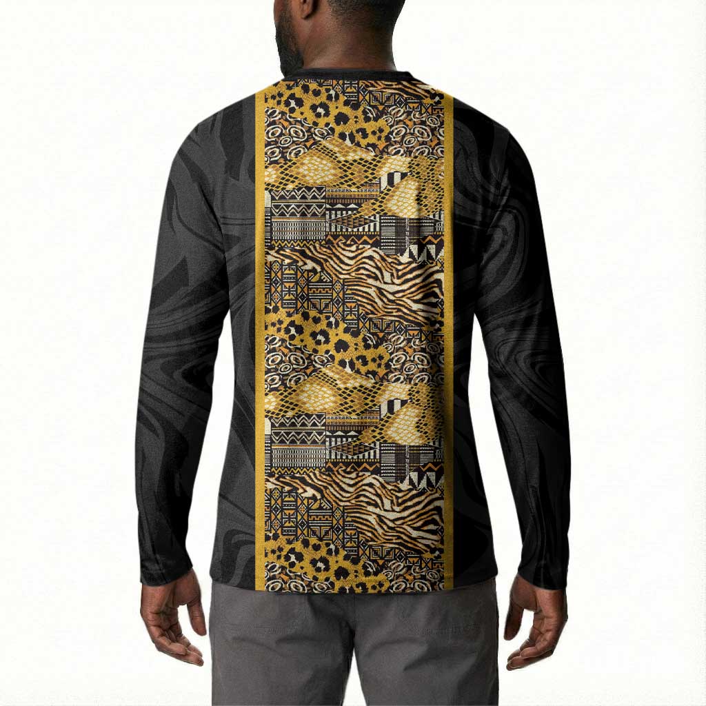 African Tribal Heritage Button Sweatshirt Black Gold Pattern