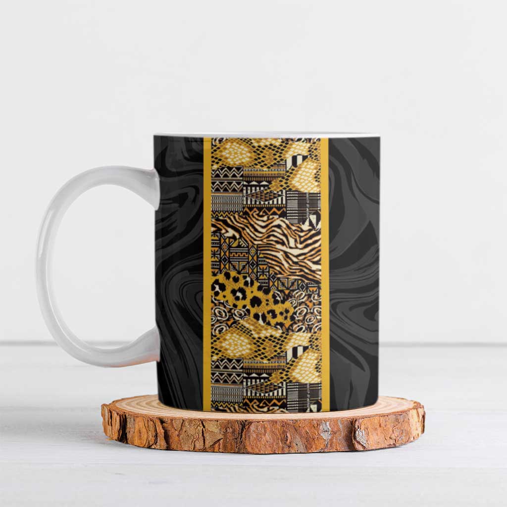 African Tribal Heritage Ceramic Mug Black Gold Pattern