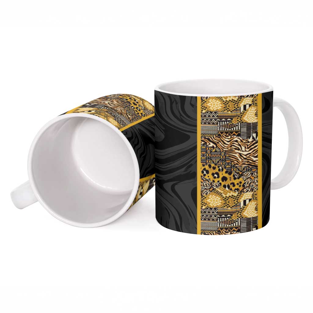 African Tribal Heritage Ceramic Mug Black Gold Pattern
