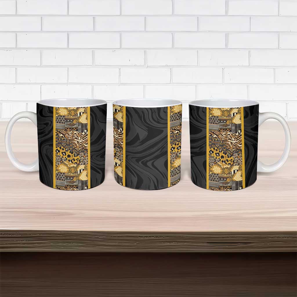 African Tribal Heritage Ceramic Mug Black Gold Pattern