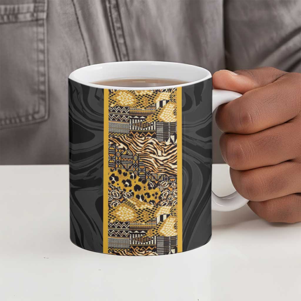 African Tribal Heritage Ceramic Mug Black Gold Pattern