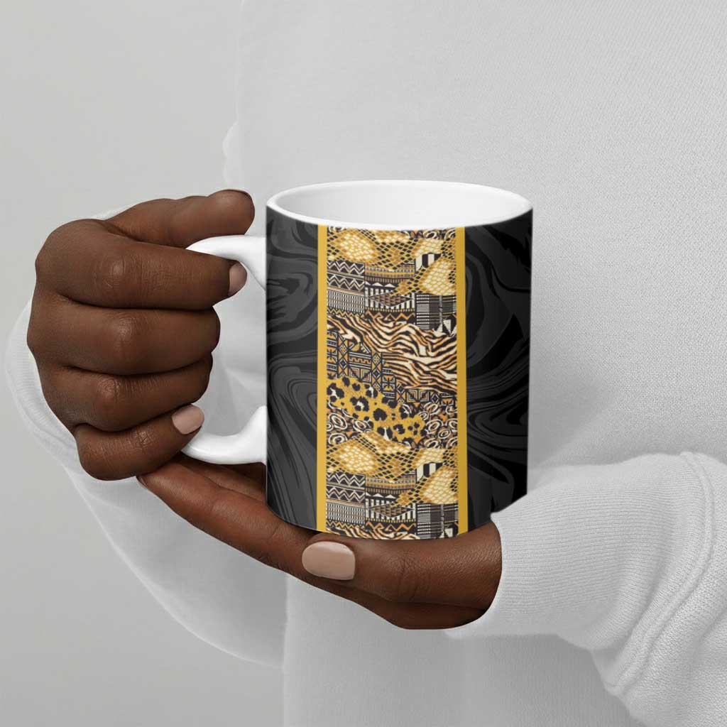African Tribal Heritage Ceramic Mug Black Gold Pattern