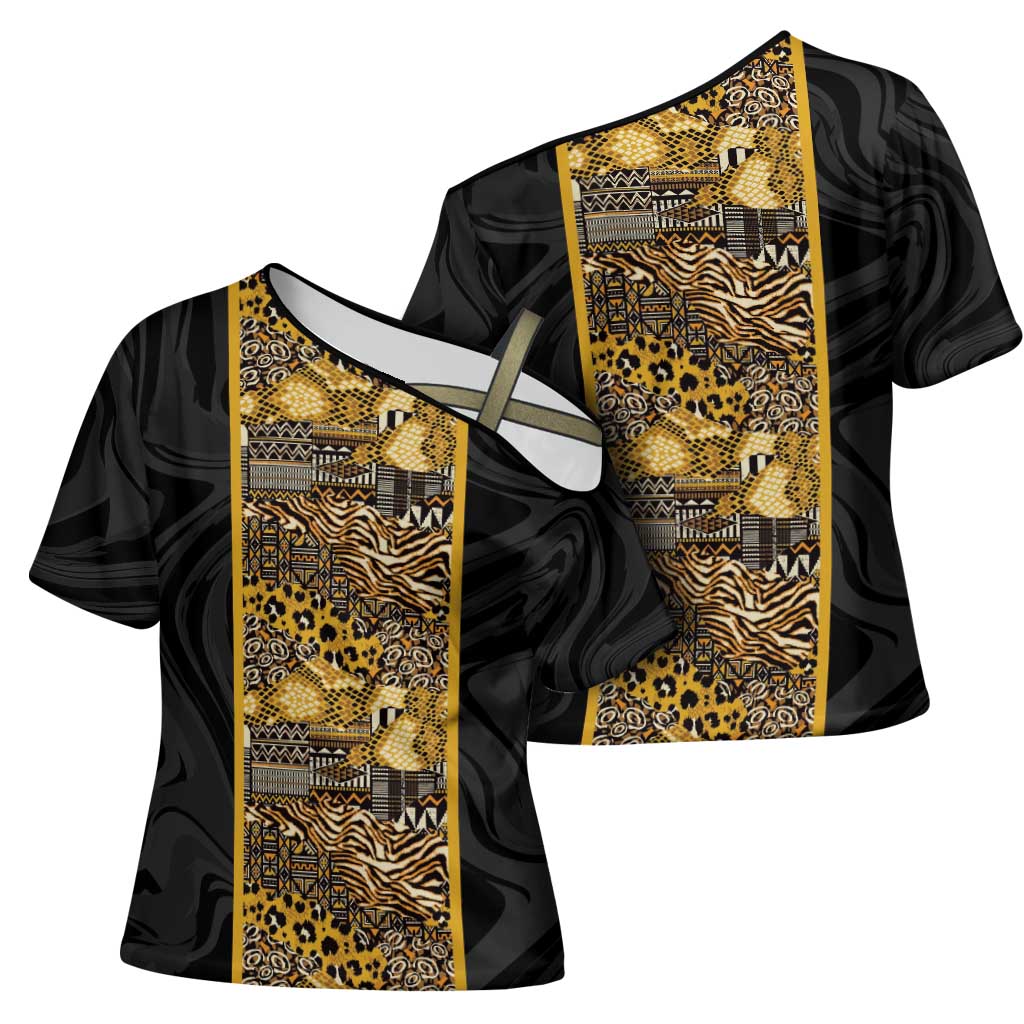 African Tribal Heritage Cross Shoulder Shirt Black Gold Pattern